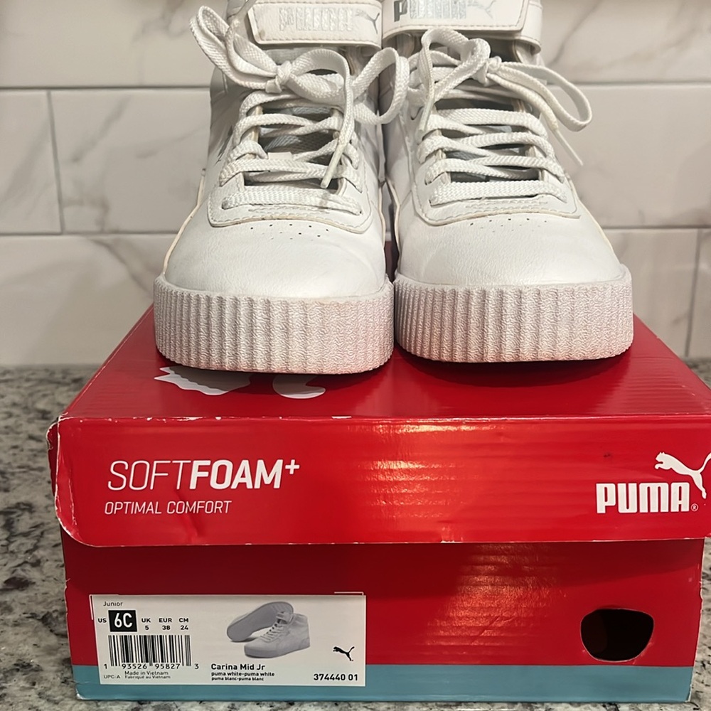 Puma Carina Mid Jr Girls sneaker sz 6C big girls White Softfoam Optimal Comfort - Picture 8 of 12
